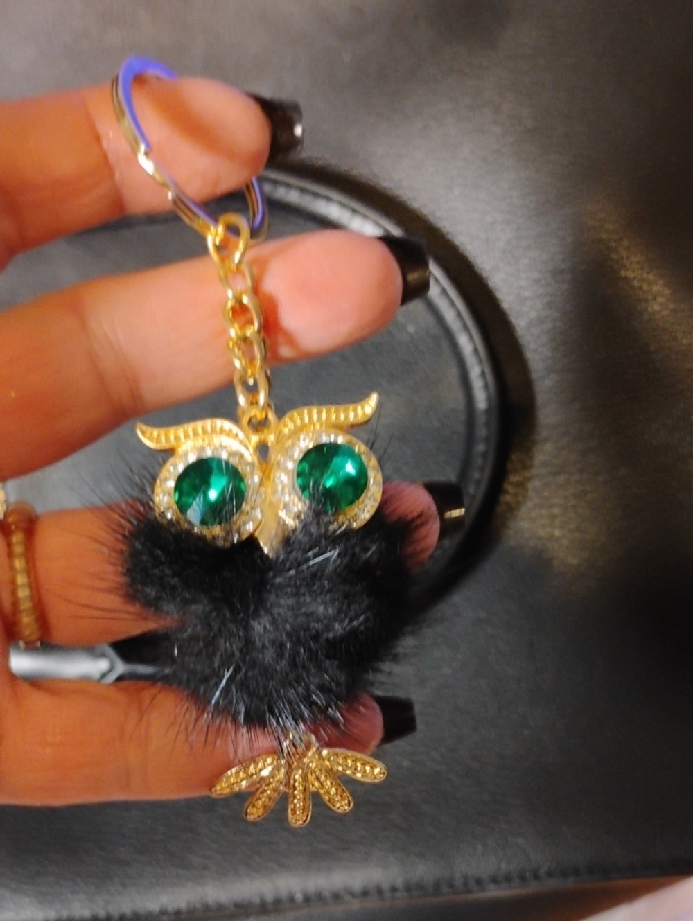Gold Owl Keychain Pendant with Black Fur and Emerald Eyes